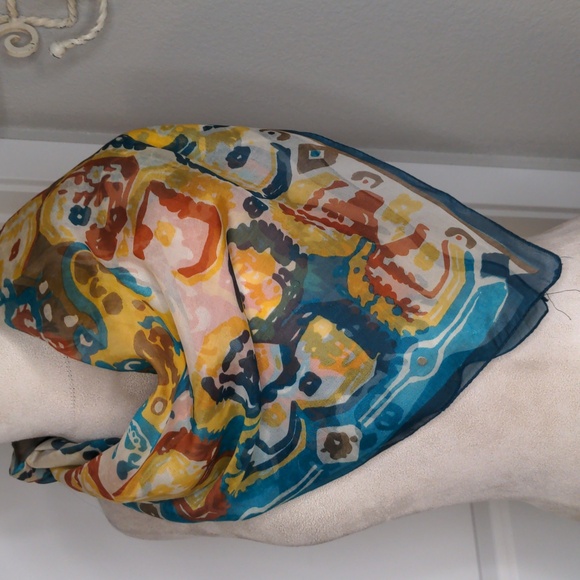 Vintage 70s Teal & Brown Scarf Sheer Aztec Print Western Boho Bandana - Picture 8 of 8